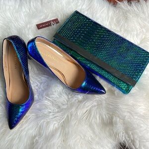 Gently used green/ blue iridescent shoes and Bag